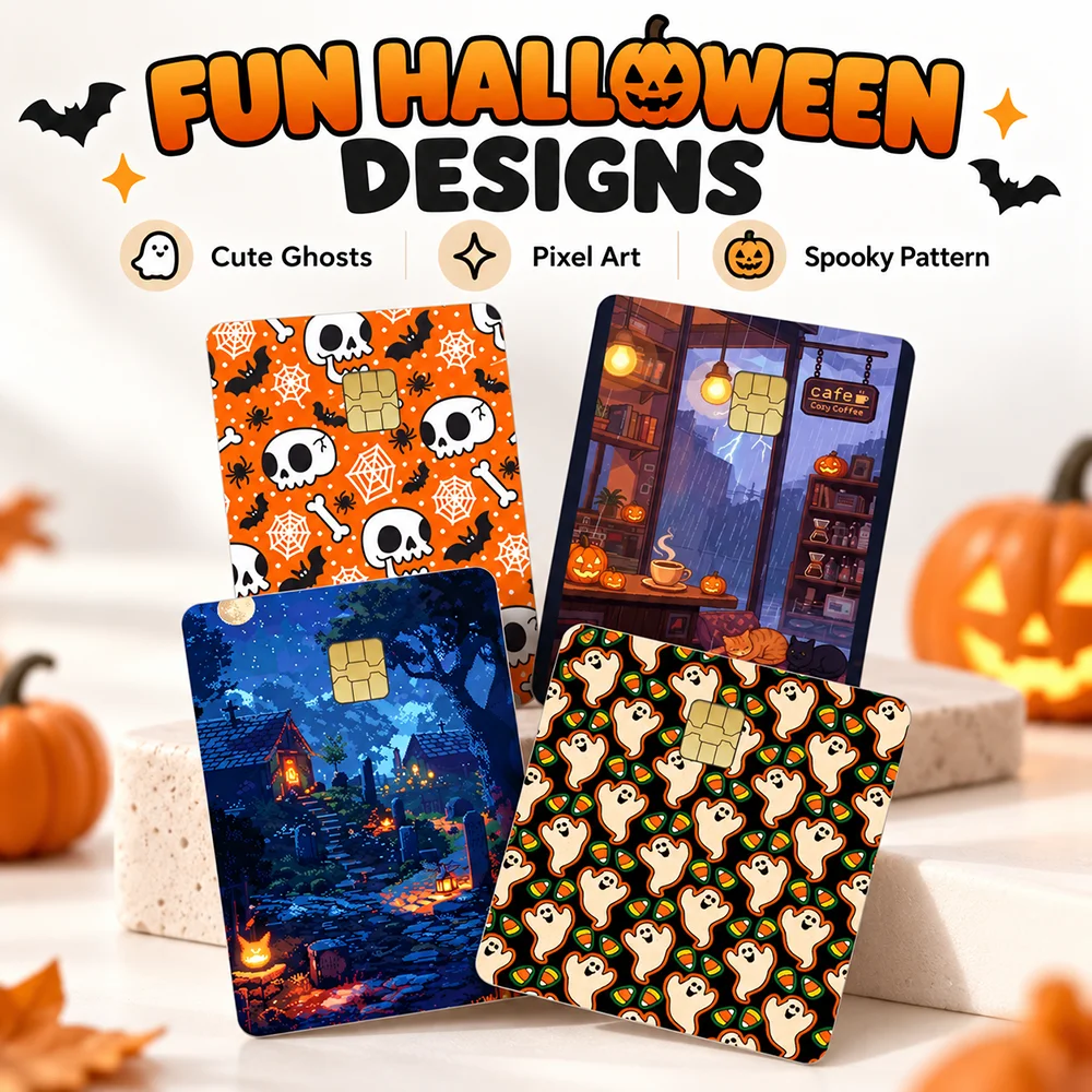 Halloween Bank Card Sticker Cute Ghost Pattern Credit Card Skin Spooky Pumpkin Candy Corn Decor for Debit Card Wallet Accessory