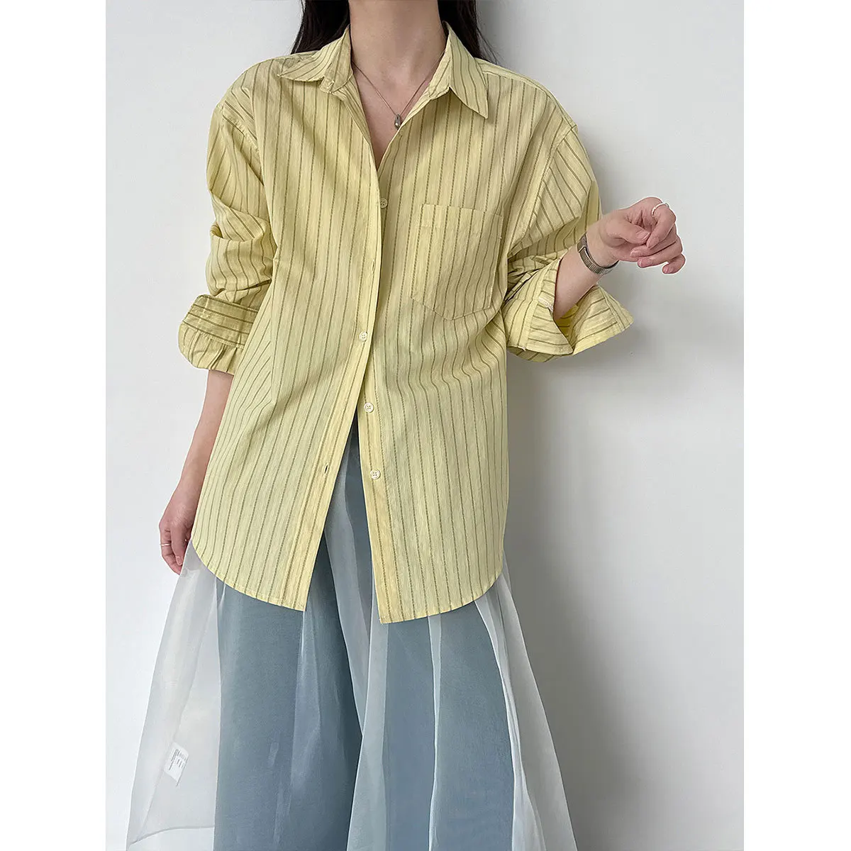 Women Shirt Striped Blouses Pocket Long Sleeves Turn Down Collar Single Breasted None Strech Loose Fit Office Casual 2026 Spring