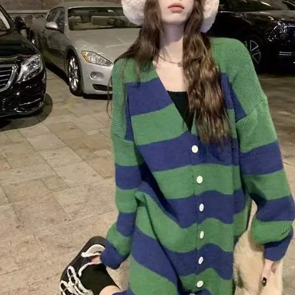 

Striped Sweater Cardigan Jacket Women's Long Style Autumn and Winter New Loose Korean Version Lazy Style Versatile Knit Sweater