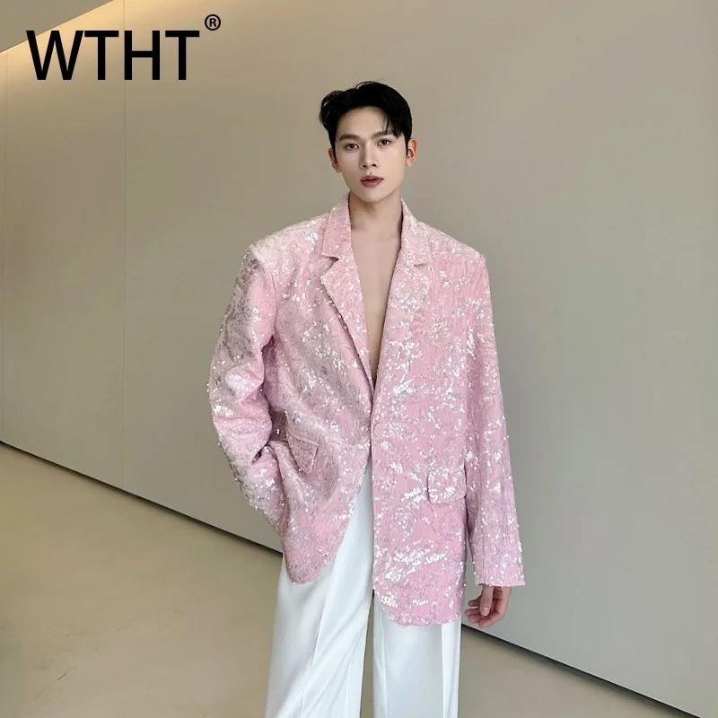 

WTHT модные мужские подплечники, пиджаки с блестками, модные однобортные топы с длинными рукавами, мужские осень 2023, 2A1858