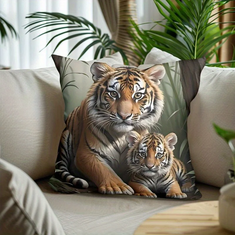 Realistic Tiger Pillow Case, Mother and Cub Cushion Cover, Wild Animal Art Home Decor for Sofa Bedroom Living Room Gift