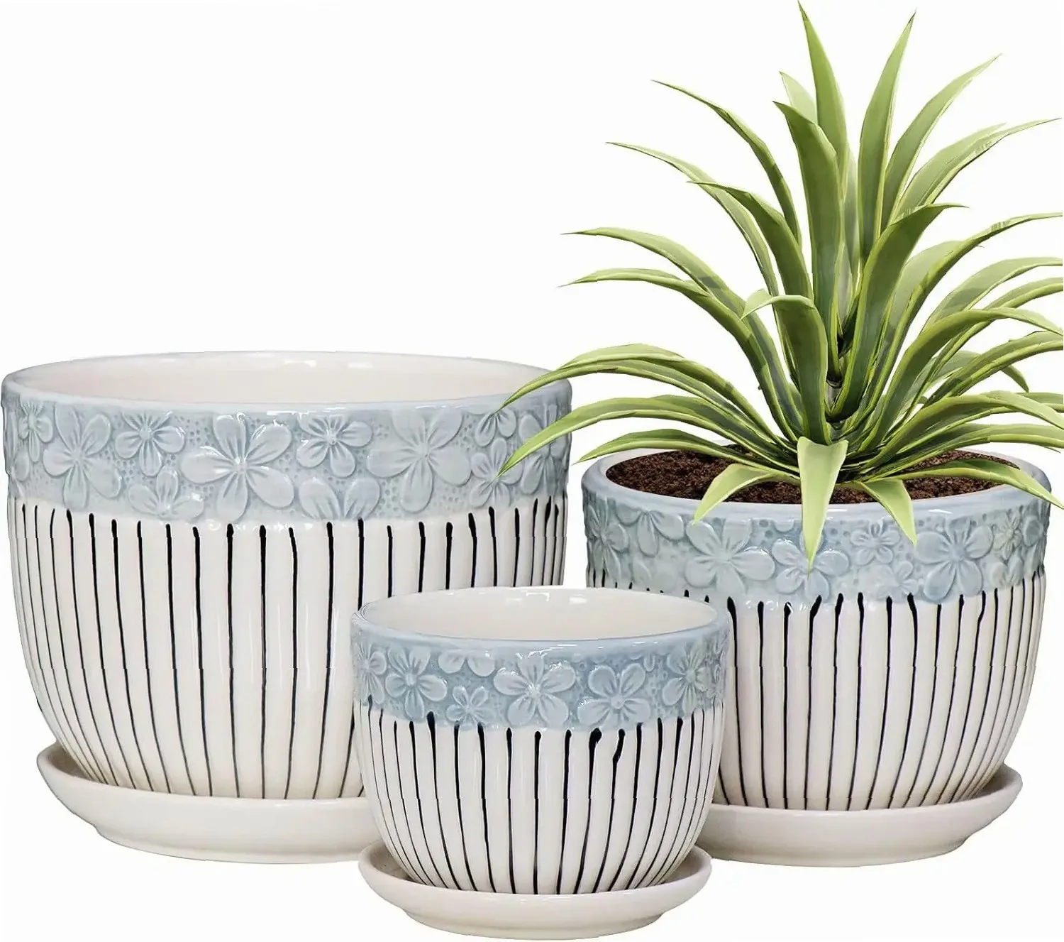 Texture Planter for Indoor Plants Set of 3 Ceramic Flower Pots with Saucer,Cute Garden Pots Succulent P