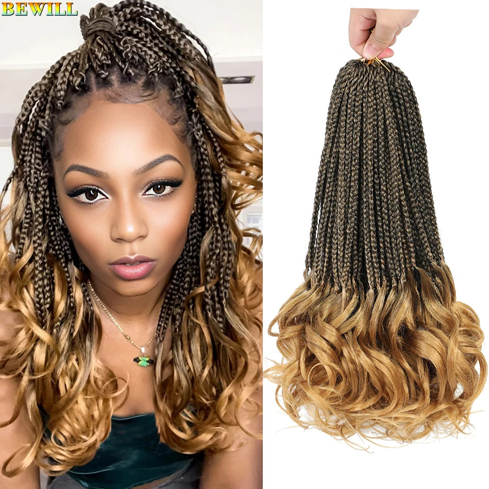 14’’ Synthetic French Curls Crochet Hair Braids Kid-Friendly Ombre Brown to Blonde French Curl Box Braids with Bouncy Curly Ends