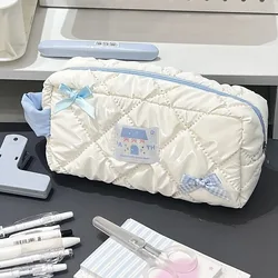 Estuche de lápices INS con lazo azul, bolsa para bolígrafos, papelería con corazón para niña, bolsas de almacenamiento portátiles, bolsa de maquillaje con cremallera, suministros escolares de gran capacidad