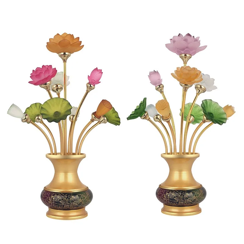 Colorful Ping An Lotus Buddha Offering Platform Alloy Glazed Crystal Buddha Temple