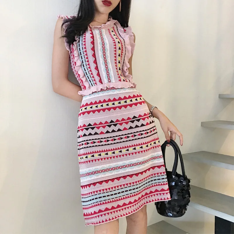 

Retro 3D Jacquard Bright Rainbow Striped Knit Dress Ruffles Sleeveless High Waist Fungus Tank Pleated A-line Party Dress Vestido