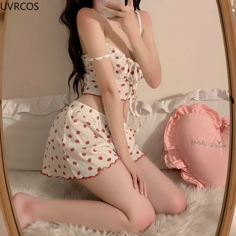 Summer Sweet Strawberry Print Lolita Pajamas 2 Piece Sets Women Loose Shorts Sexy Slim Sling Vest Suit Girl Home Clothes Pyjamas