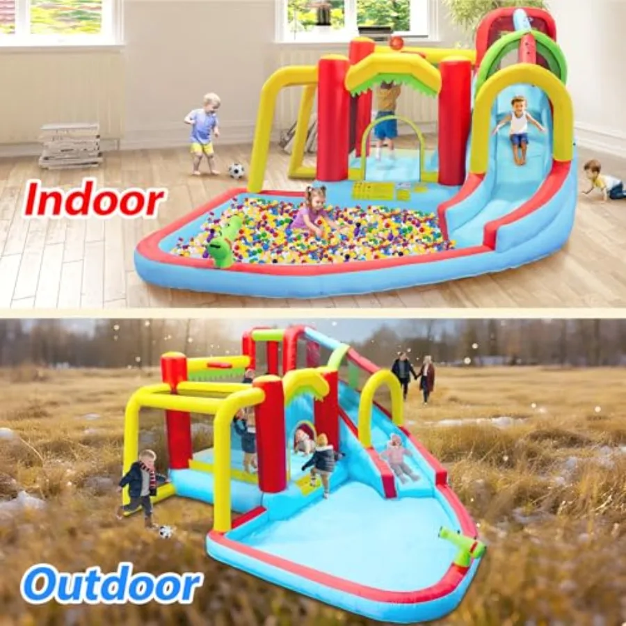 Aufblasbare Hüpfburg mit Gebläse zum Aufblasen, Springen, Hüpfburg mit Rutsche, Kletterwand, Basketball, lustiger Tunnel, Fußball, P