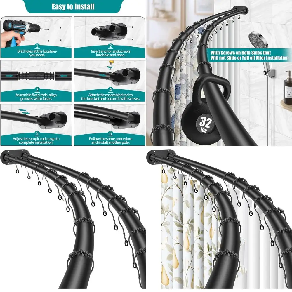 

Adjustable Double Shower Curtain Rod, 42-72, Wall-Mounted, Elegant Black for Bathroom