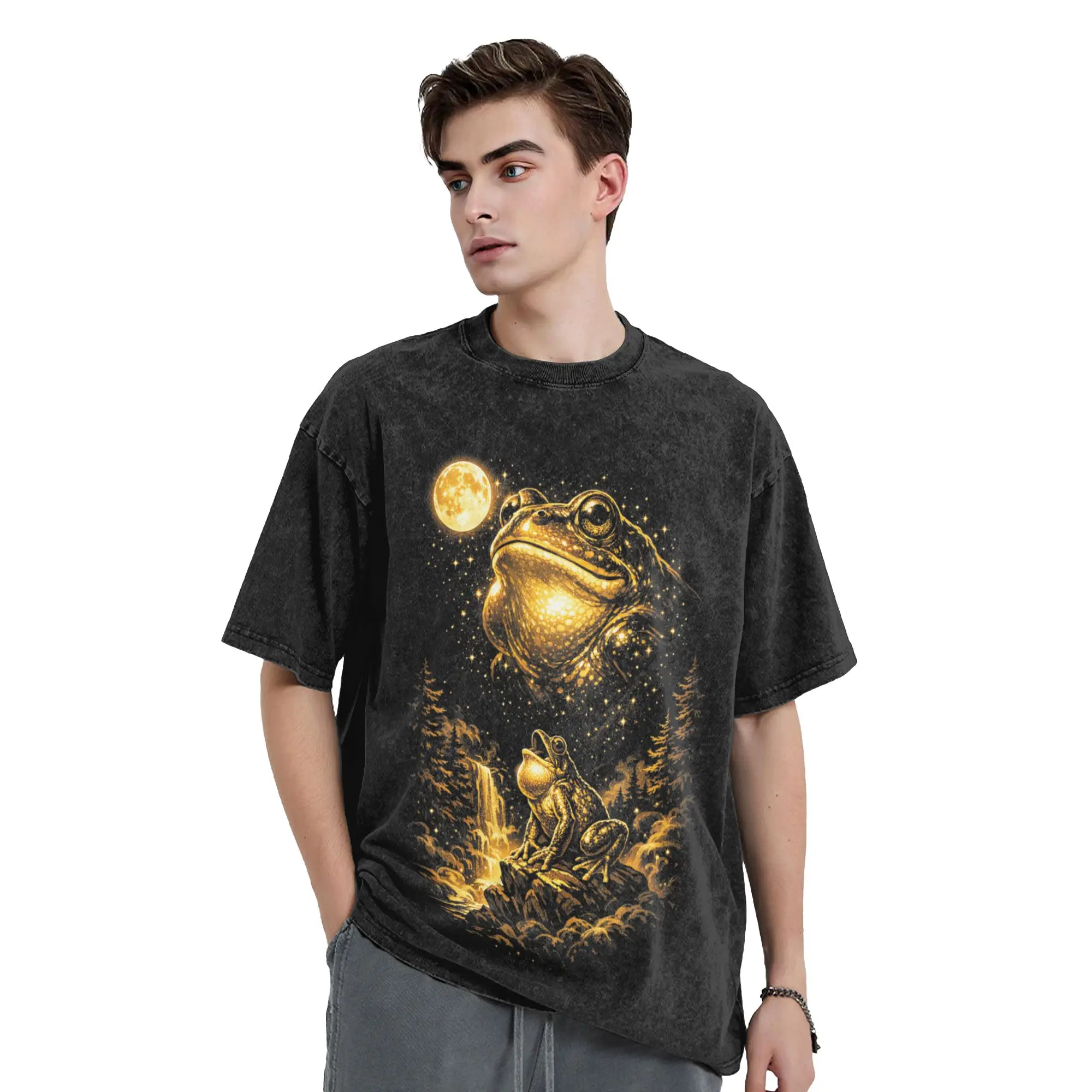 Frog Howling Moon Meme Funny T-Shirts Men  Vintage 100% Cotton Tee Shirt Crewneck Short Sleeve T Shirt Birthday Present Tops,