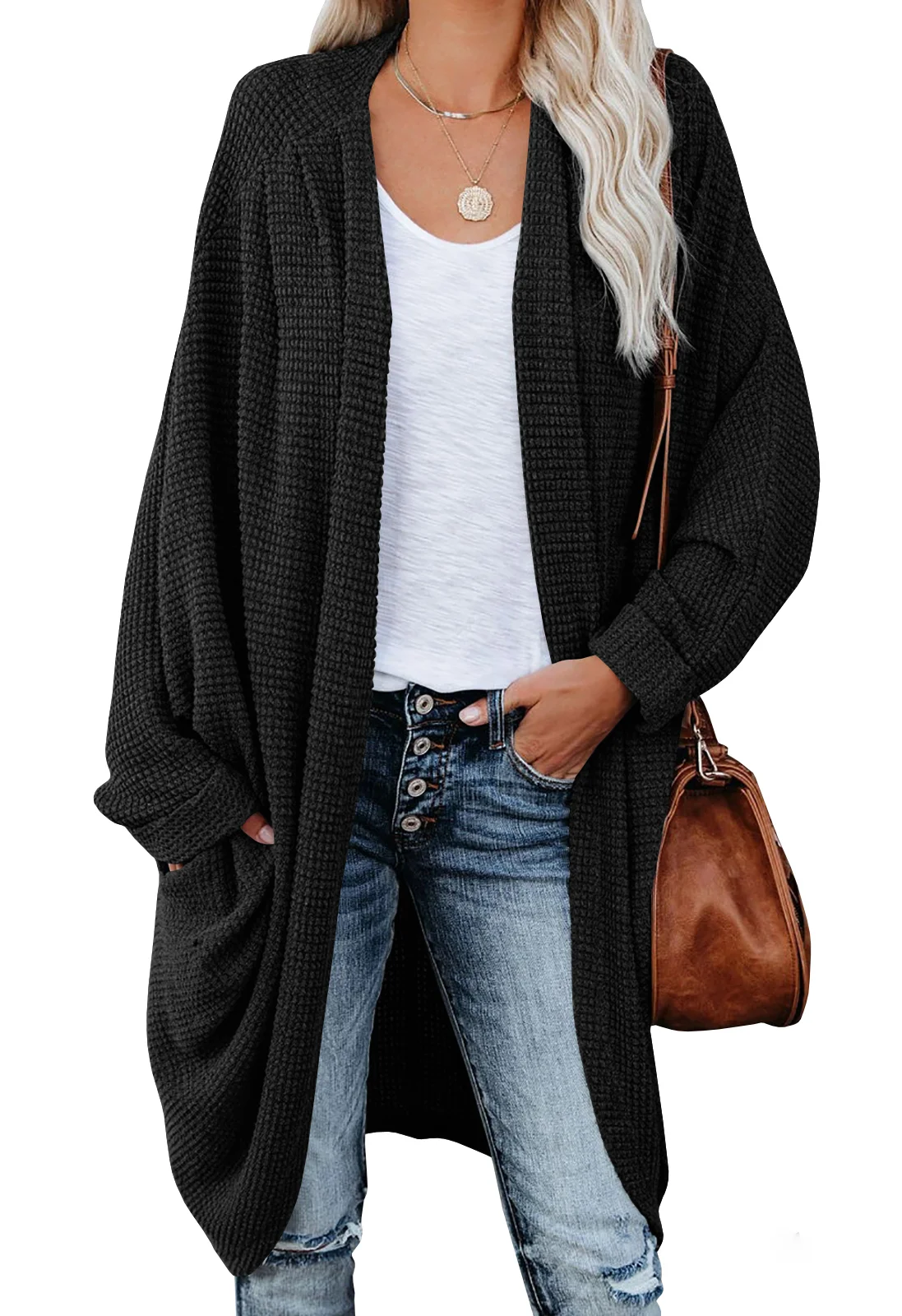 Womens Knit Cardigan Open Front Chunky Waffle Cable Boho Pockets Coat Casual Lantern Sleeve Oversized Sweater For Women Autumn