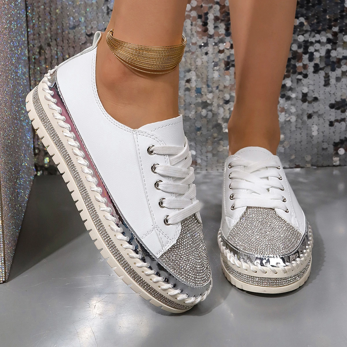 Schuhe für Frauen Turnschuhe Kristall dicke Sohlen lässig Strass Pu Walking Flats dicke untere Schuhe Damen Sneaker plus Größe 43