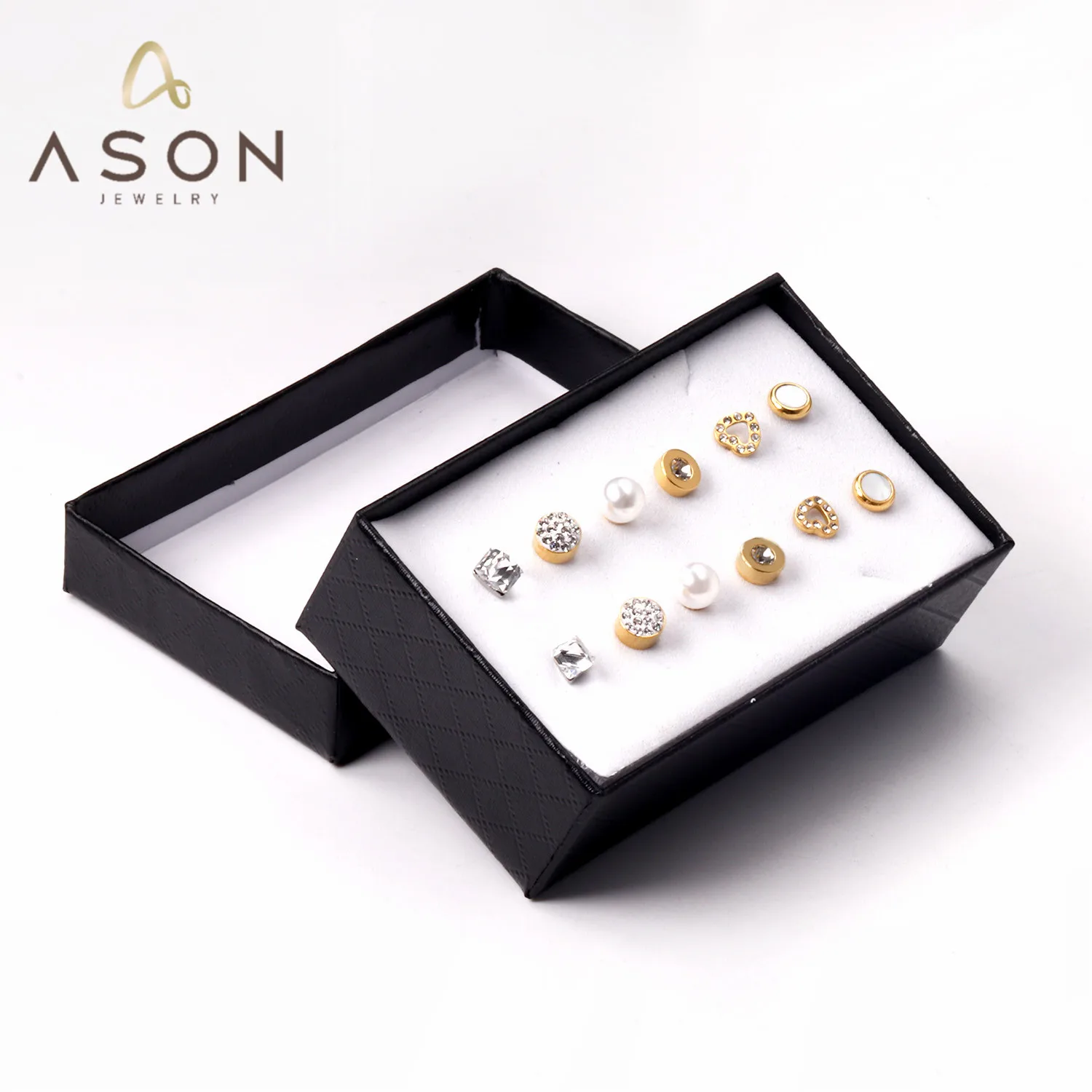 ASONSTEEL 여성용 라운드 스퀘어 큐빅 지르코니아 진주 스터드 귀걸이 세트, 골드 컬러 스테인레스 스틸, 보석 피어싱, 박스당 6 쌍