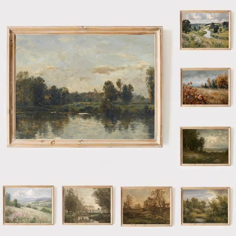 Vintage Spring/Autumn Countryside Forest and River Nature Landscape Poster Canvas Painting Wall Art Picture Home Farmhouse De