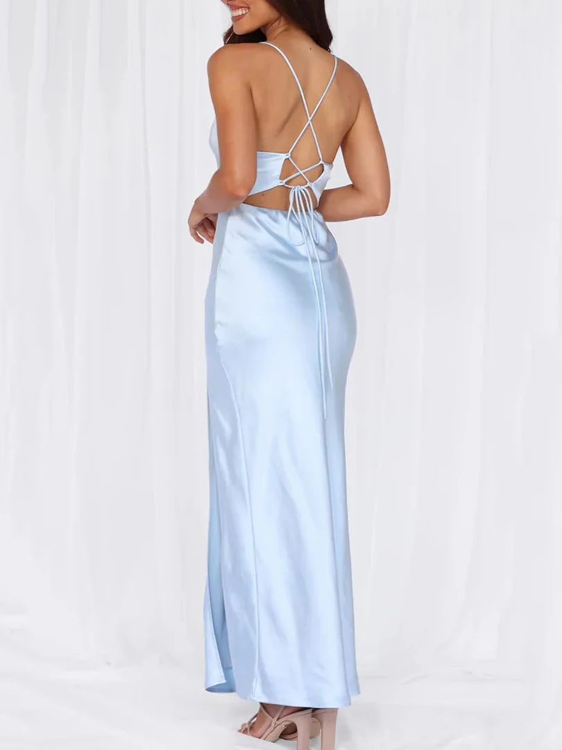 ชุดเดรสยาวผ้าซาตินไหมหรูหราสำหรับผู้หญิง ทรงเข้ารูป สายเดี่ยว ผ่าสูง เหมาะสำหรับงานปาร์ตี้ ค็อกเทล งานราตรี วันหยุด ปี 2025