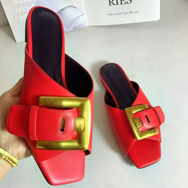 Blue Denim Slippers Woman Open Toe Gold Buckle Decor Flat Shoes Lady Sexy Gladiator Sandals