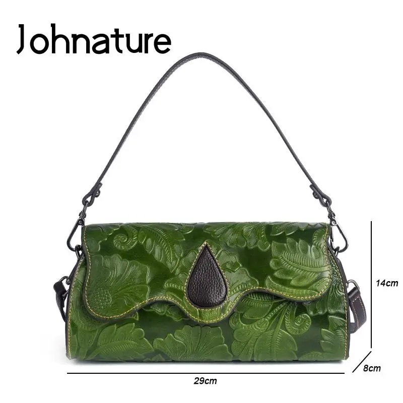 Johnature Exquisite Vintage Embossed Female Bag Genuine Leather Handmade Women Handbag Natural Cowhide Versatile Shoulder Bags