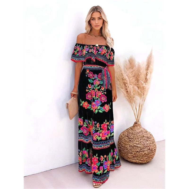 Robe mexicaine d'été pour femmes, imprimé Floral, épaules dénudées, sans manches, longue robe de plage Maxi, nouvelle collection