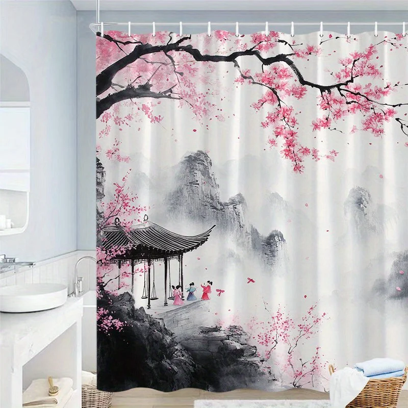 1pc Traditional Chinese Style Shower Curtain - Serene Mountain Landscape with Blooming Pink Cherry Blossoms, Curved Tiled Roof P