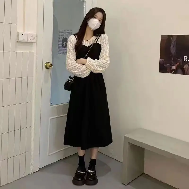 Vestido Midi de Encaje Estilo Francés para Mujer, Manga Larga, Cuello en V, Corte Ajustado, Negro, Casual, para Otoño