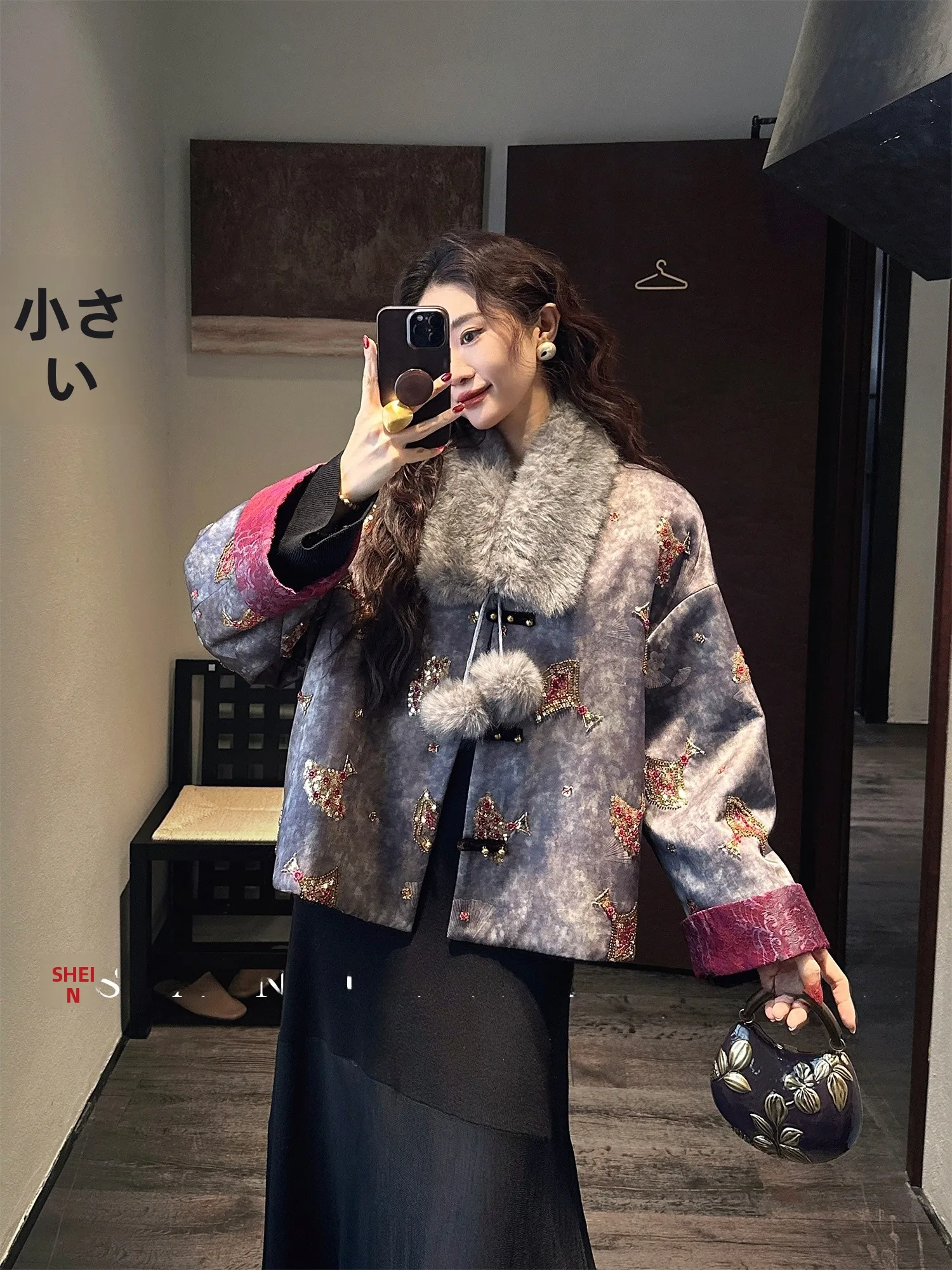 

Sanji Bla Flower New Chinese Sle Embroidered Floral Silk Cotton Jaet Women's Winter Faion Trend Outerwear Coat