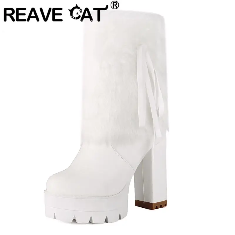 

REAVE CAT Женские сапоги до середины икры с круглым носком, зимние туфли на каблуке 11 см, платформа 3,5 см, молния, большие размеры 47 48 49 50 Dating Bota