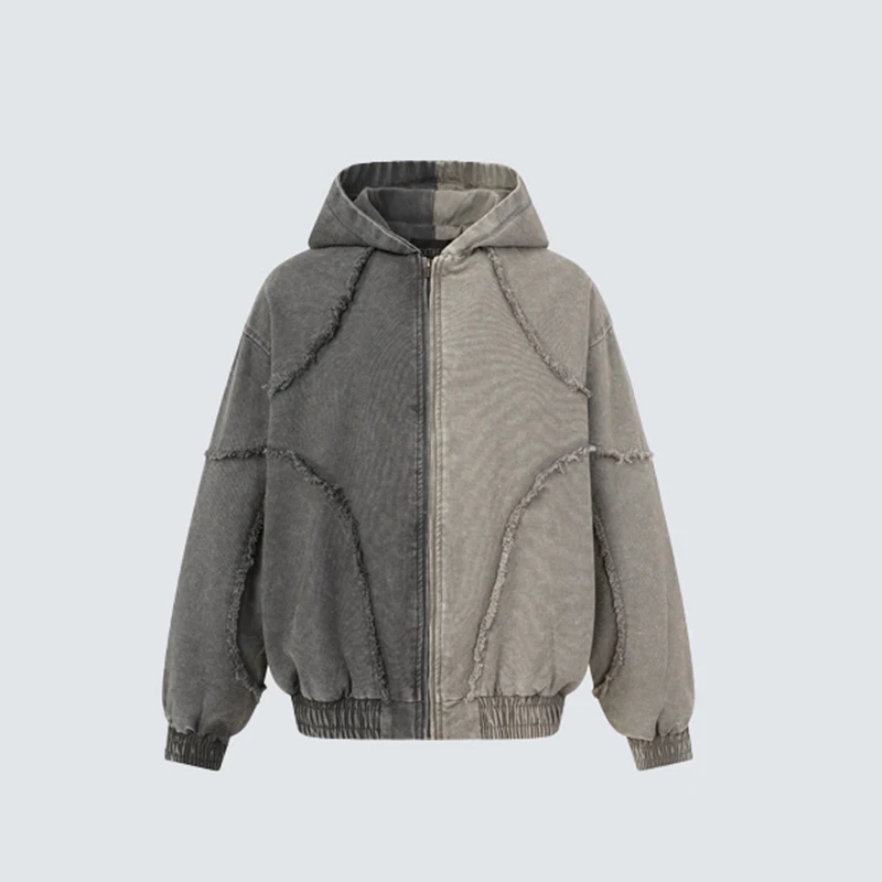 Splicing And Deconstructing Hooded Jacket Washed And Worn With Split Edges Hoodie Jacket Yin-Yang Contrasting Color Cardigan