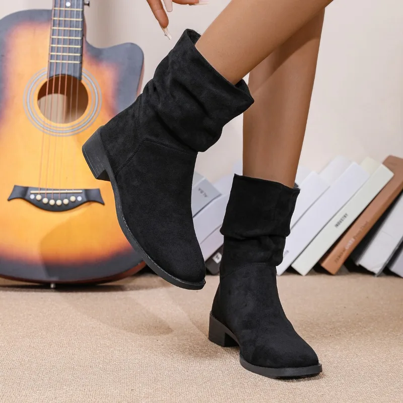 

2025 New Winter Women's Warm Fashion Round Toe Ankle Boots Block Heel Pleated Casual Women's Mid Heel Low Heel