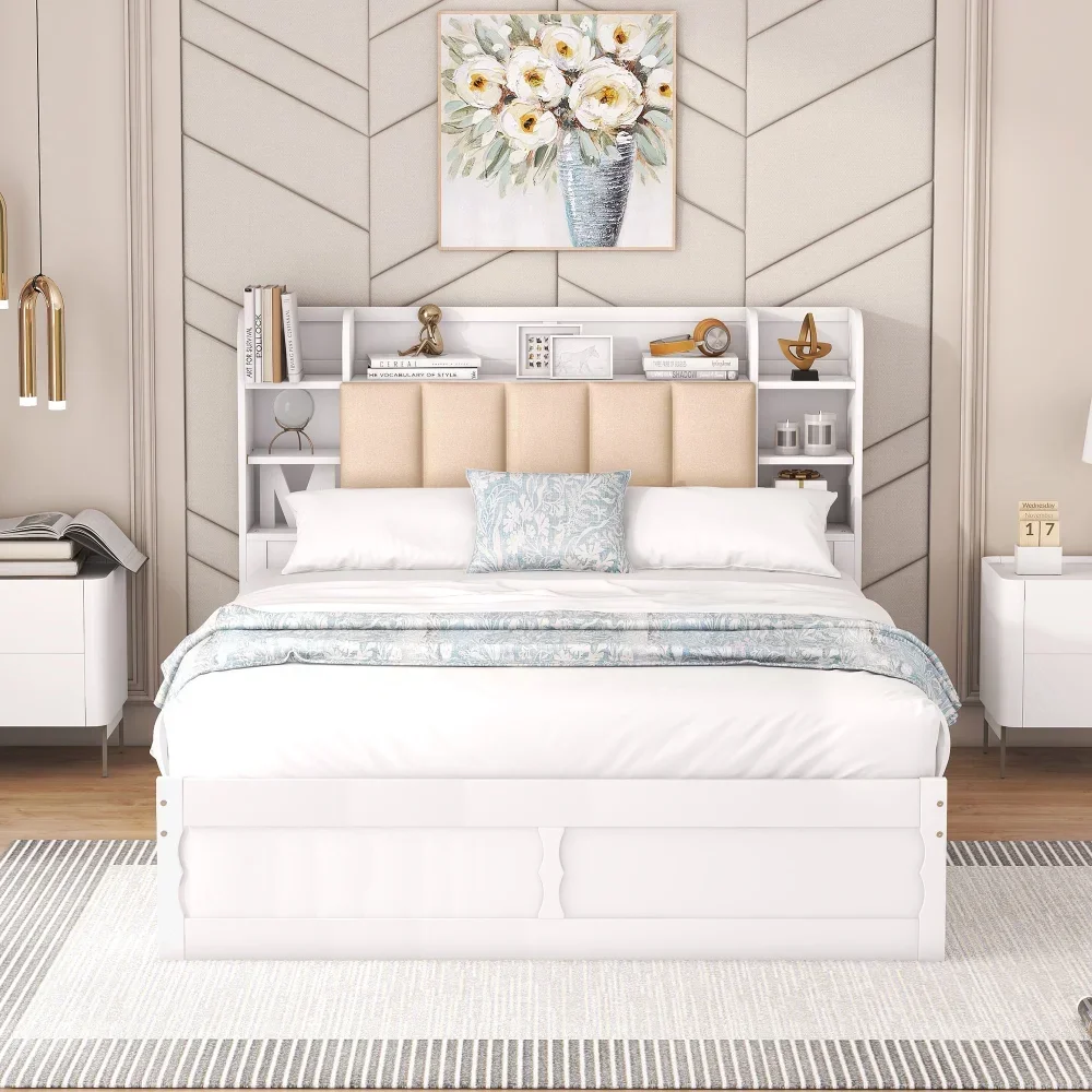 Upholstered Queen Bed, Wood Platform Bed with Shelves and Drawers for Adults, Heavy Duty for Bedroom,Guests Room,White