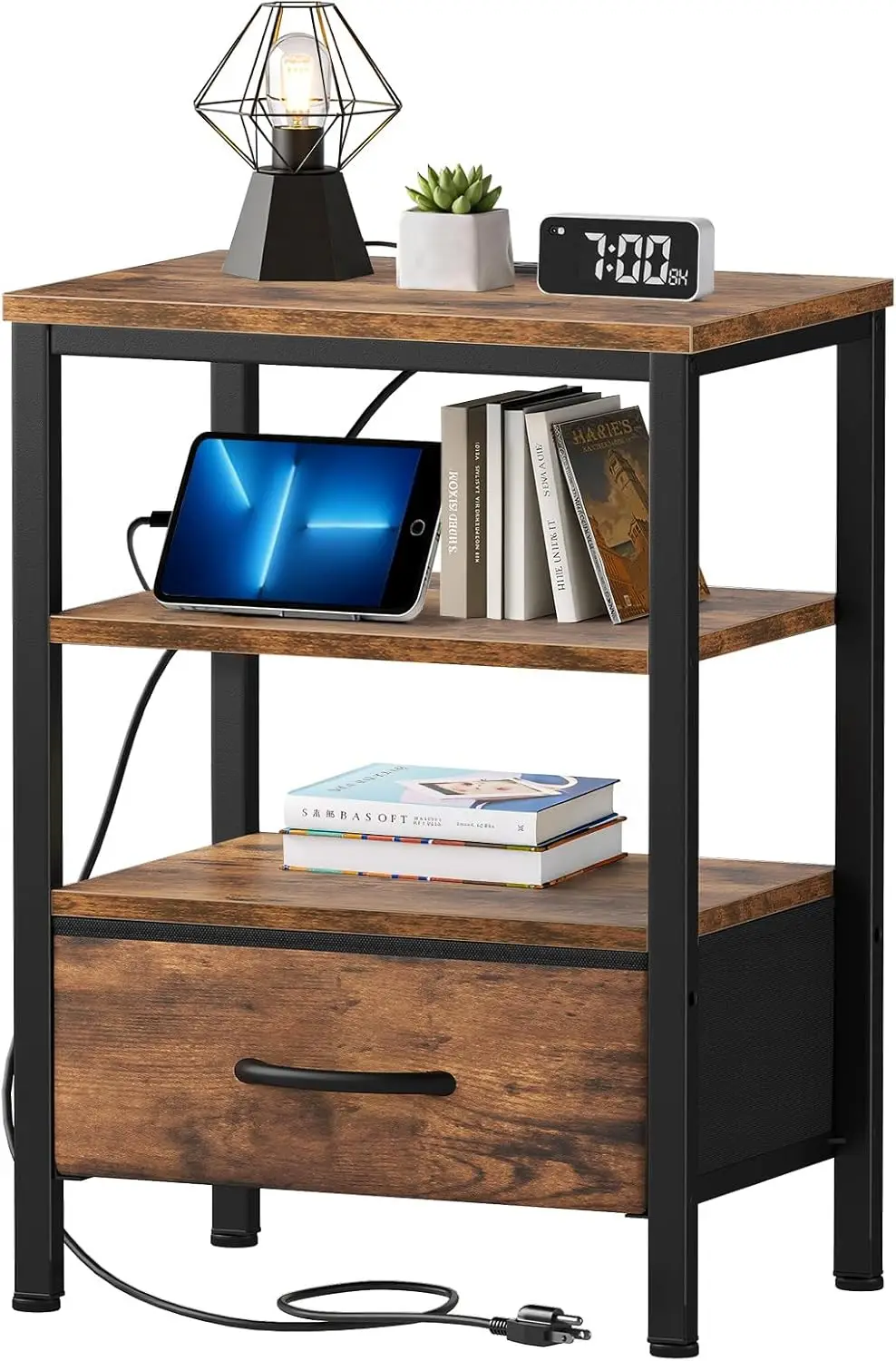 

Nightstand with Charging Station, Bedside Table with USB Ports & Outlets, Small Dresser End Table with Fabric Drawer and Open