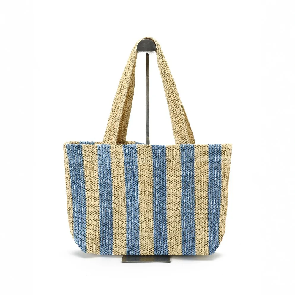 Summer Striped Straw Tote Bag Large Woven Shoulder Handbag Women Casual Beach Travel Shopping Shoulder Bag