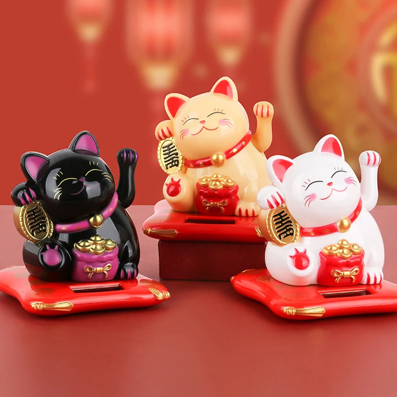 Solar Powered Maneki Neko Waving Arm Beckoning Fortune Cat Lucky Cat For Home Office And Car Decor