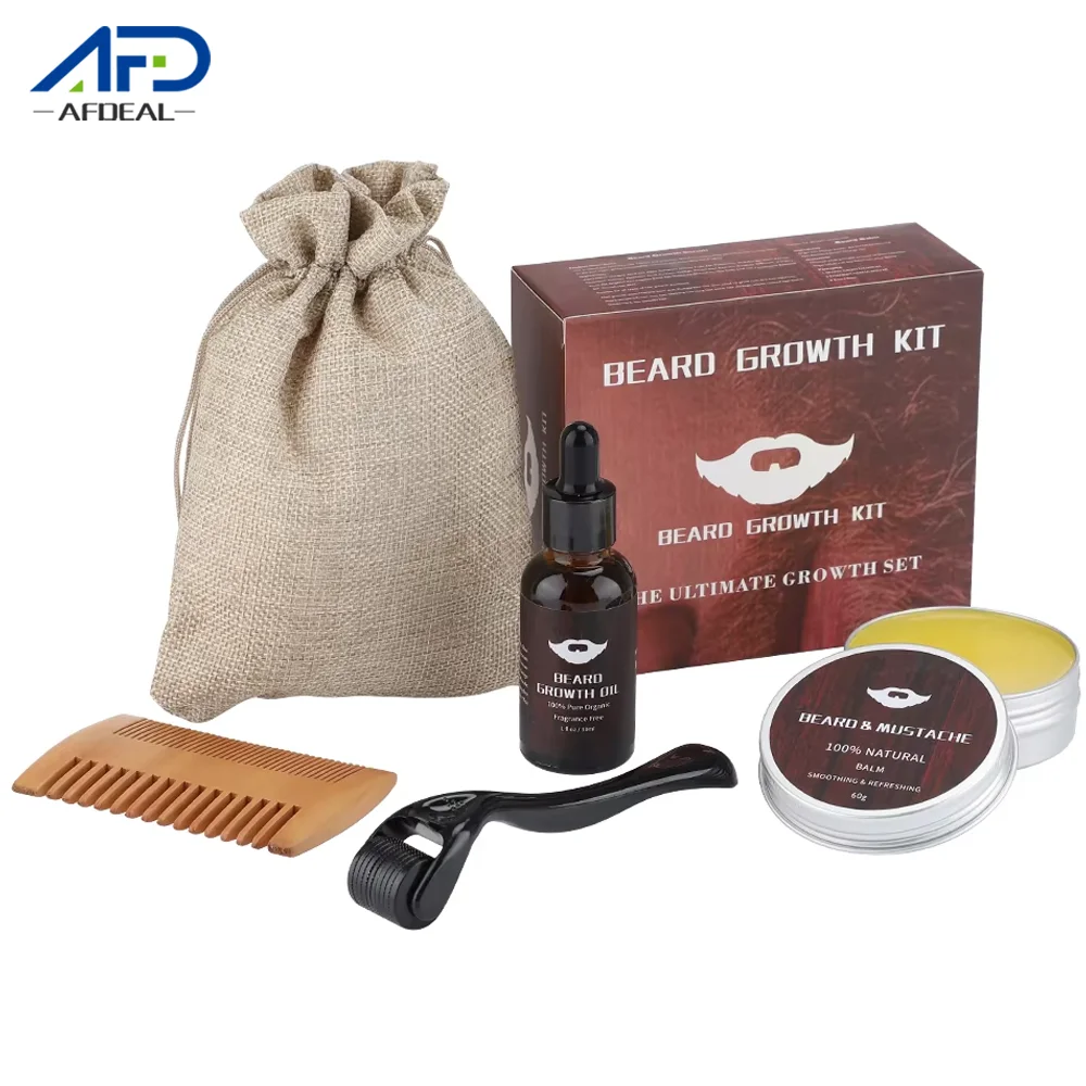 Kit de crecimiento de barba para hombres, 5 piezas, potenciador del cabello, aceite esencial para el cuidado de la barba, acondicionador sin aclarado, peine de doble cara, crema para la barba