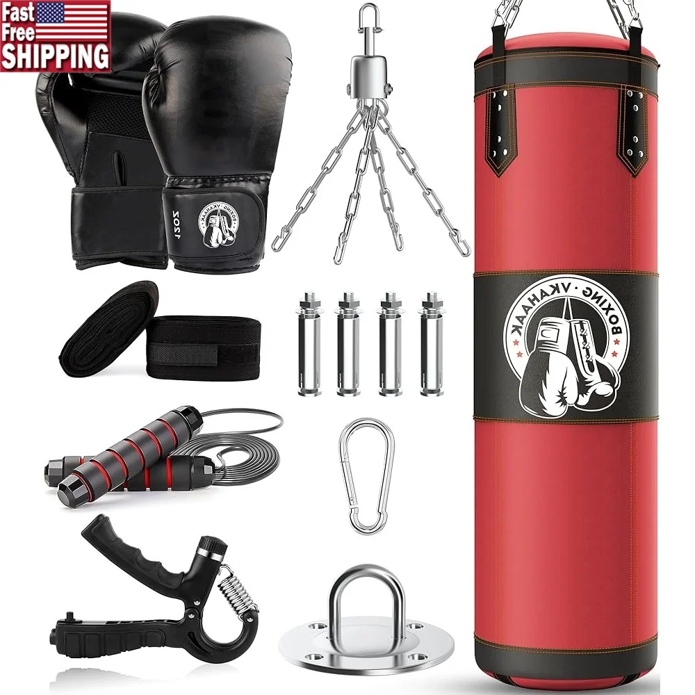 

4FT Unfilled Punching Bag Set with Gloves Chain Hanger Boxing Training MMA Fitness Durable Adults Kids