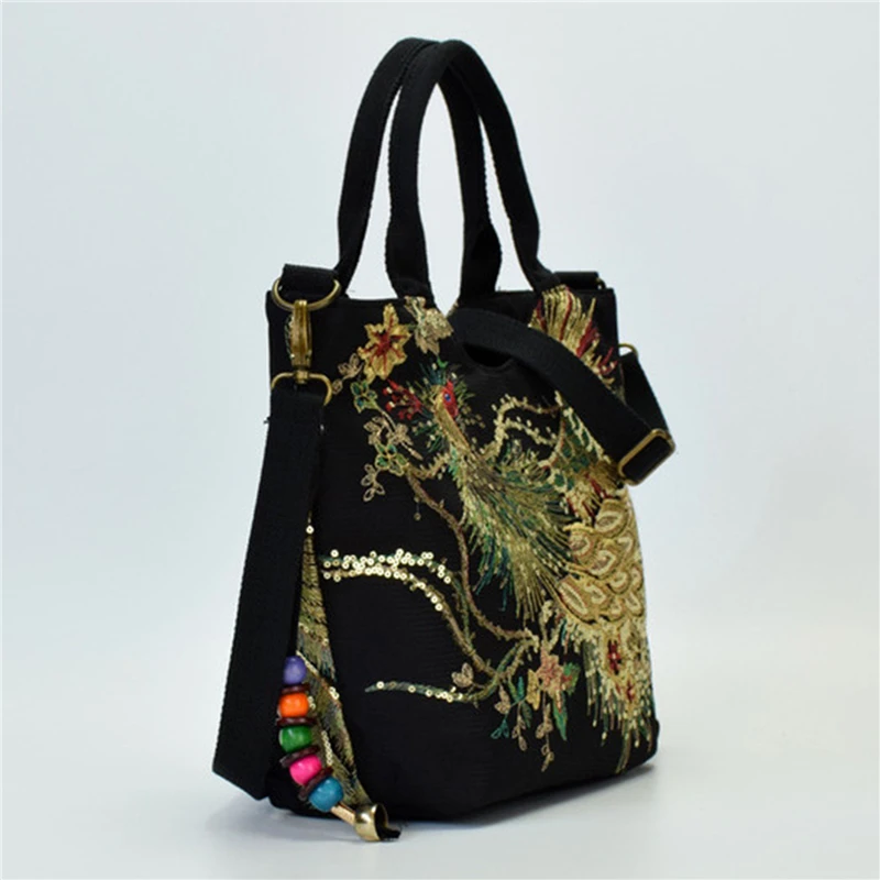 Shiny Sequins Peacock Embroidered Women Canvas Totes Bag, Summer Shopping Shoulder Bag Vintage Beaded String Handbag Black