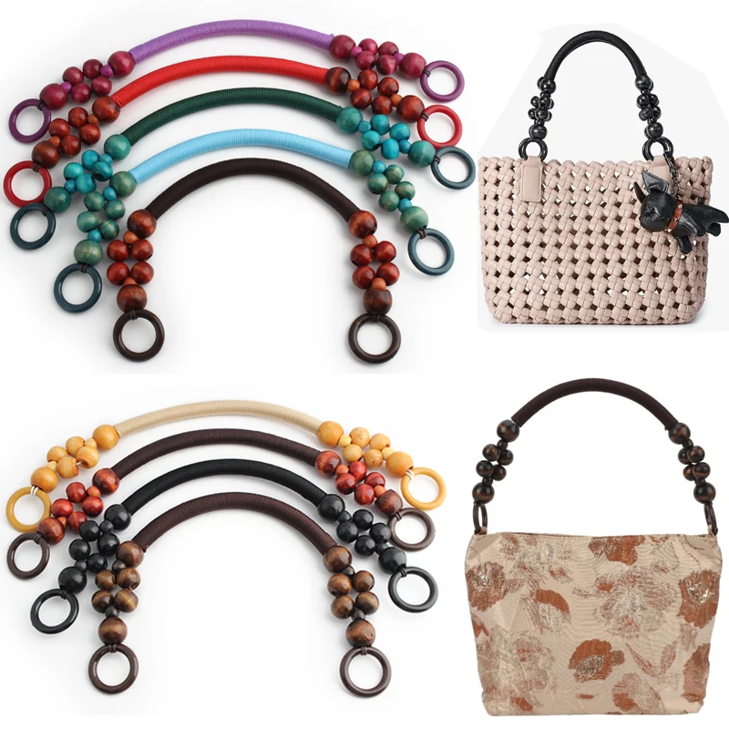 2PCS 48cm Wooden Beaded Rope Bag with U-Shaped Handle Suitable for Beach Bag Crochet Bag Retro Bag DIY Supplies