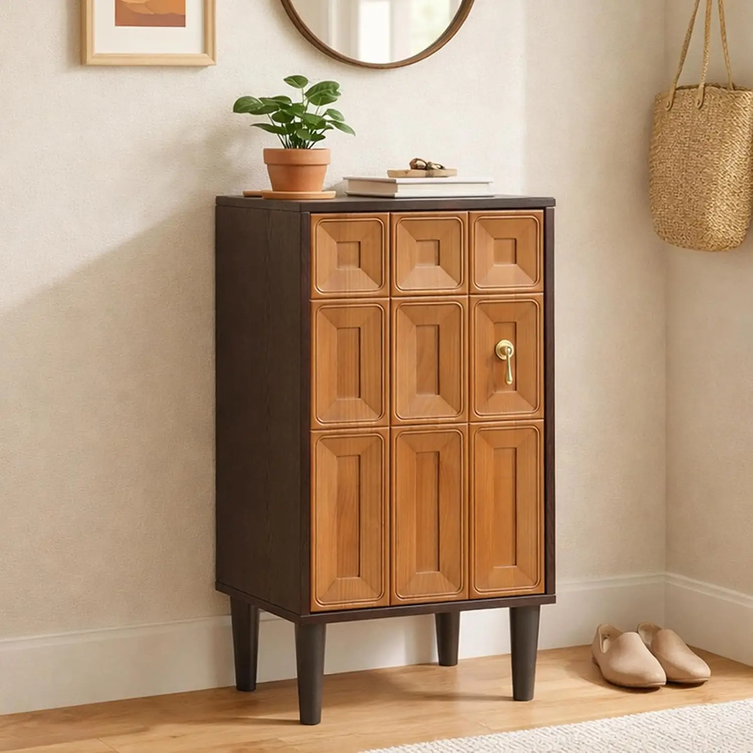 Mid-Century Narrow Accent Cabinet Geometric Panel Door Wood Storage Living Room Entryway Hallway Office, Customized