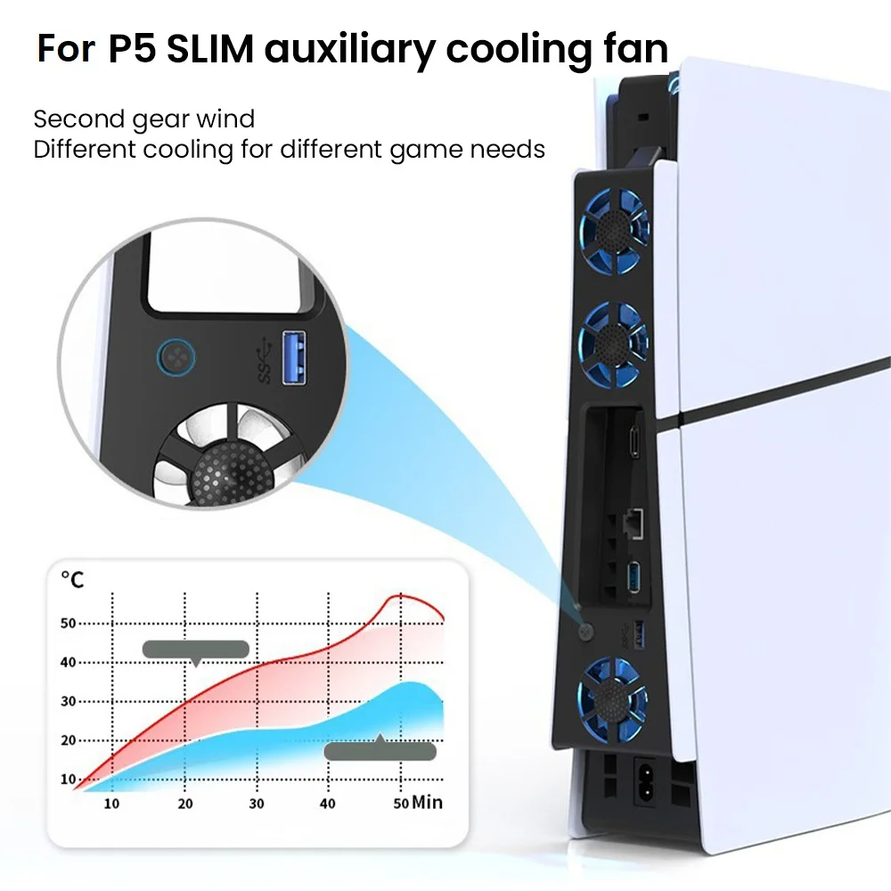 For PS5 Slim Console Cooling Fans with LED Light USB 3.0 Port Quiet Cooler Fan for Playstation 5 Slim Console Gaming Accessories