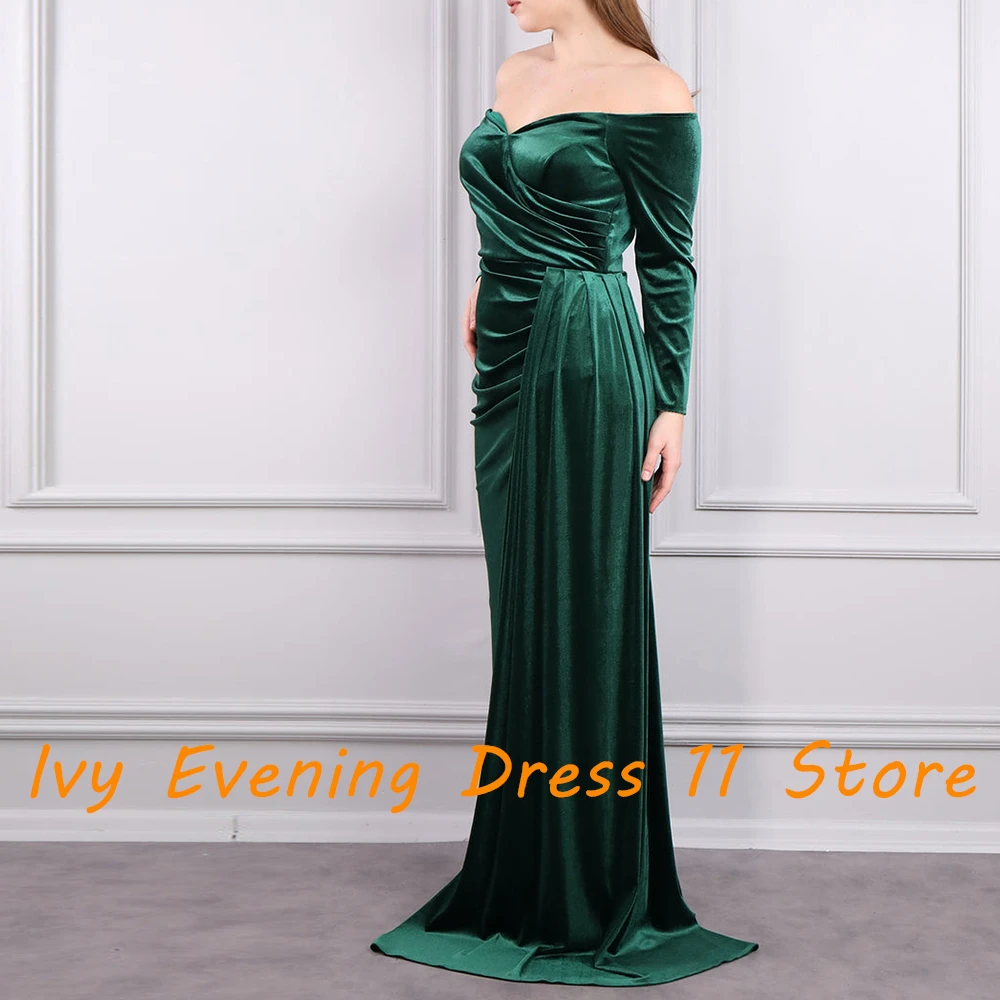 Customized Temperament Off the Shoulder Velvet Evening Dresses Formal Boat Neck Long Sleeves Straight Floor Length Prom Dress
