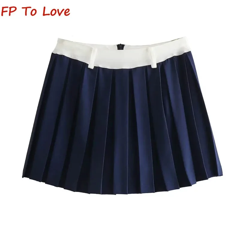 

Y2K Vintage High Waist Hundred Hottie Half Skirt Hottie Navy Blue Clashing Colour Splicing Pleated Skirt