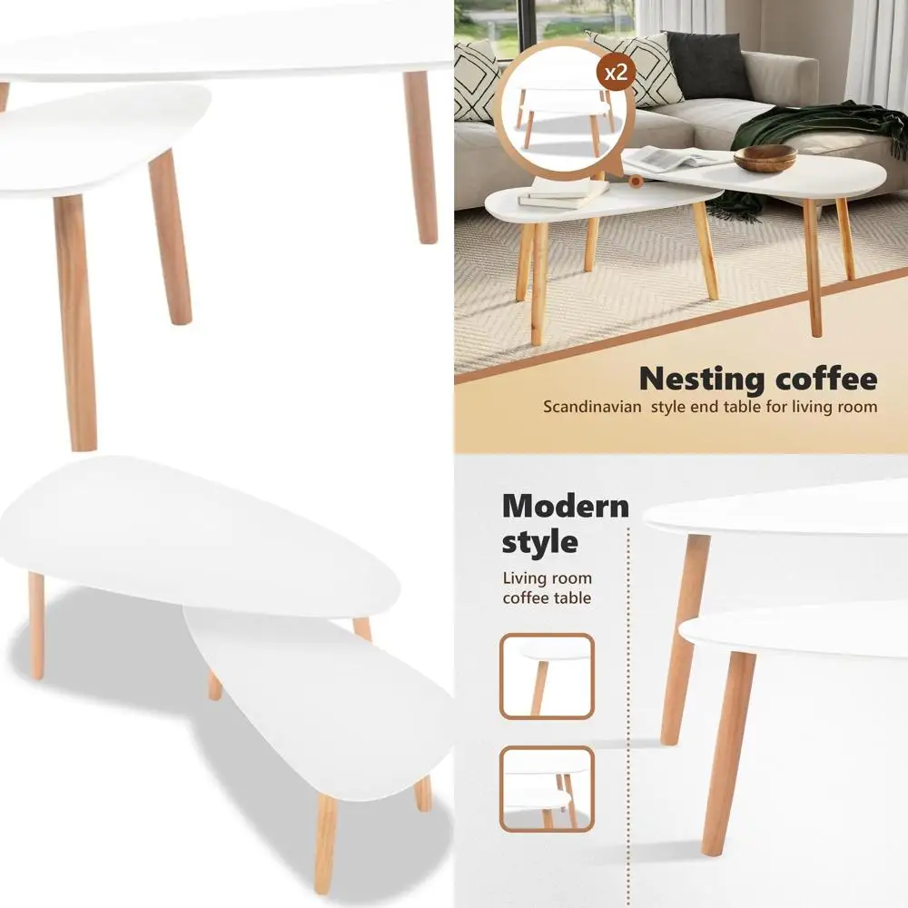 スカンジナビアスタイルの白いコーヒーテーブルセット、リビングルーム用の2ピース無垢パイン材エンドテーブル