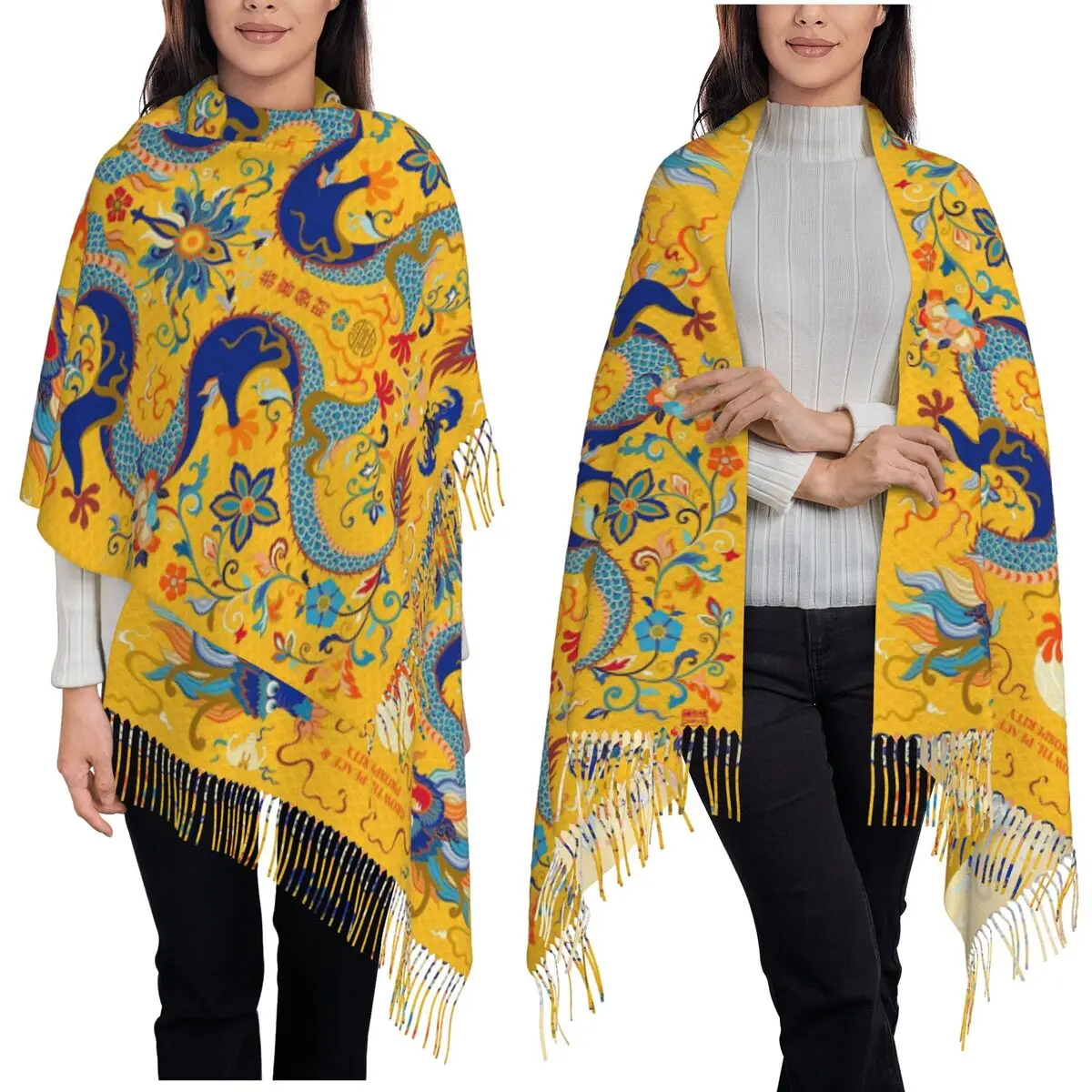 Chinese Dragon Asian Oriental Style Art Scarf Tassel Scarves for Women Soft Warm Shawls and Wraps Large Fall Winter Shawl Wrap