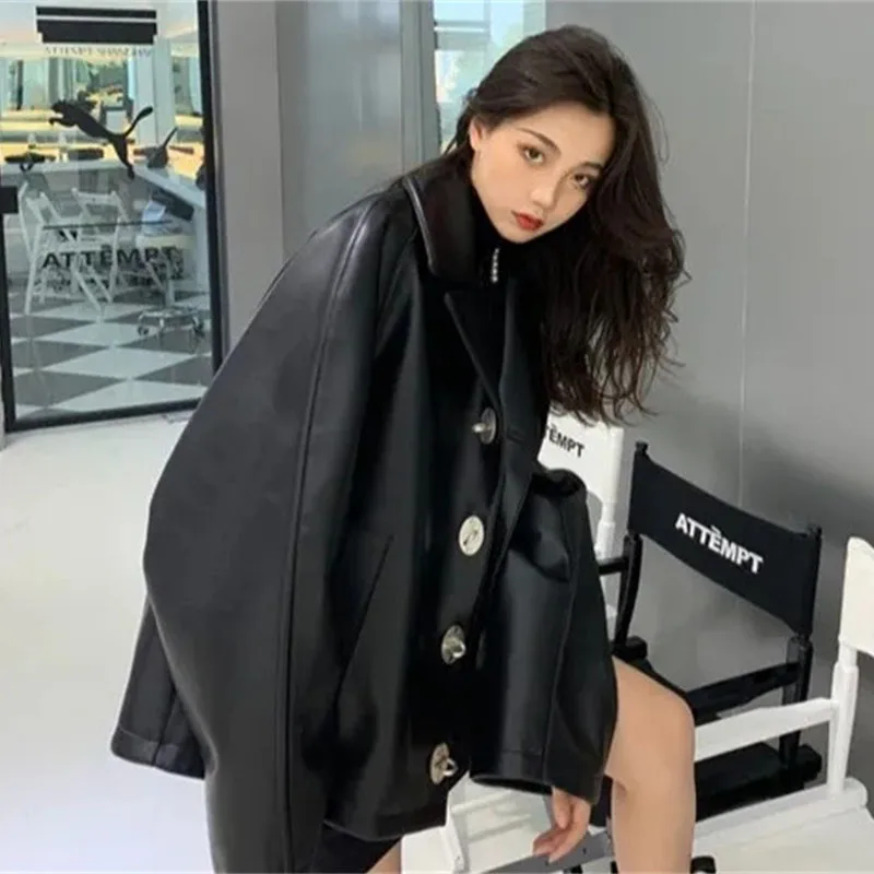 2025 Women Long Sleeves Leather Jacket Korean Lady Fashion PU Leather Outwear Spring Autumn Femme Solid Color Faux Leather Coat