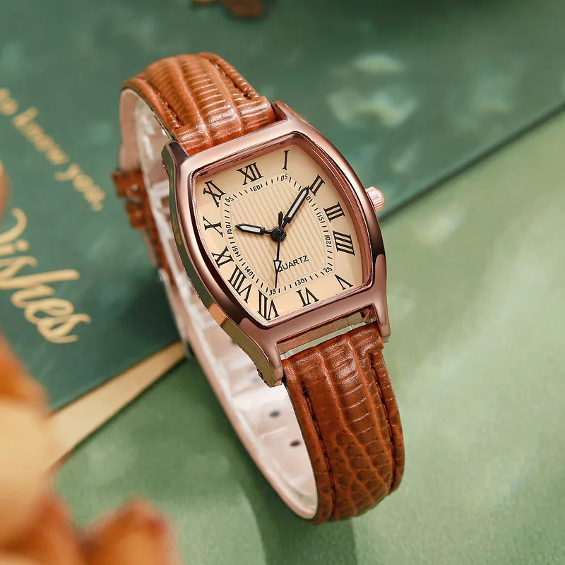 Women's Quartz Watch Vintage High-end Niche Barrel-shaped Leather Strap Wristwatch Fashion Digital Casual Ladies Watch Girl Gift