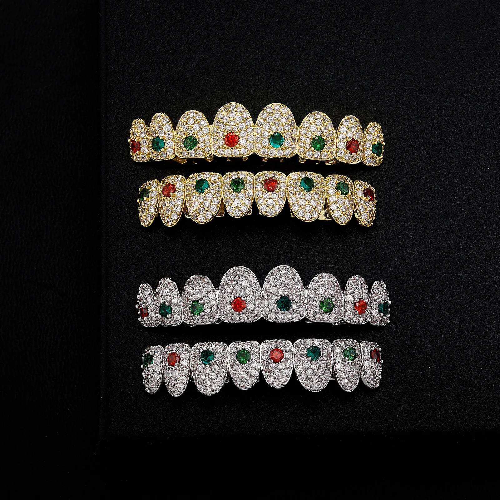 RACHELZ Hip Hop Full CZ Stone Teeth Grillz Gold Silver Color Red Green Zircon Crystal Tooth Caps For Women Men Halloween Gift