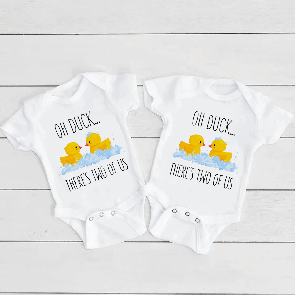 Oh Duck There's Two of Us Print Baby Bodysuit Funny Twins Clothes Newborn Short Sleeve Romper Cute Twin Outfit Toddler Jumpsuit