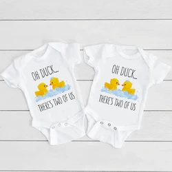Oh Duck There's Two of Us Print Baby Bodysuit Funny Twins Clothes Newborn Short Sleeve Romper Cute Twin Outfit Toddler Jumpsuit