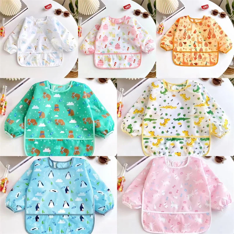 0-2 Years Baby Soft Bibs Cute Colorful Cartoon Waterproof Bibs Infant Eating Drawing Long Sleeve Apron Self Feeding image 5