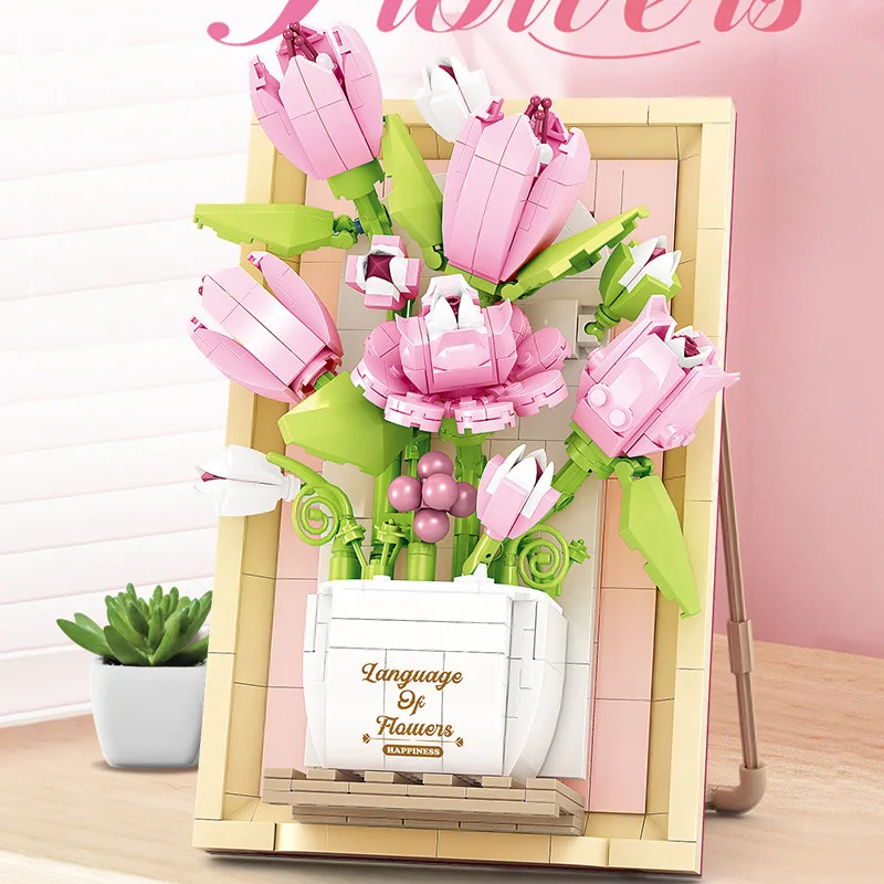 

MOC Everlasting Pink Tulip Sunflowers Photo Frames Building Blocks Set Fascinating Decor Toys For Children Birthday Holiday Gift