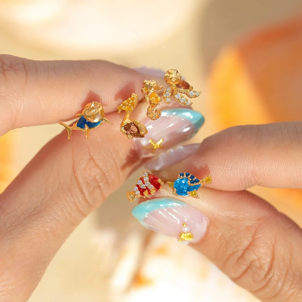 MIGGA 4 قطع مكعب زركونيا الكرتون طاقم البحر وأقراط مجموعة مطلية بالذهب كريستال النساء الفتيات هدية مجوهرات